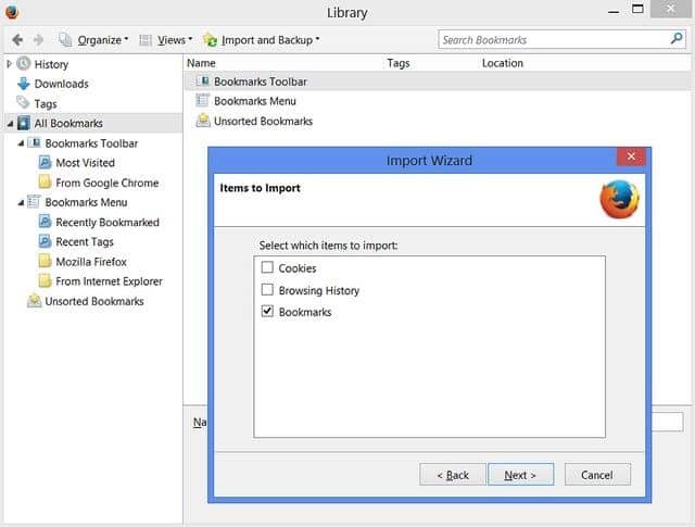 Export Firefox bookmarks in windows import wizard