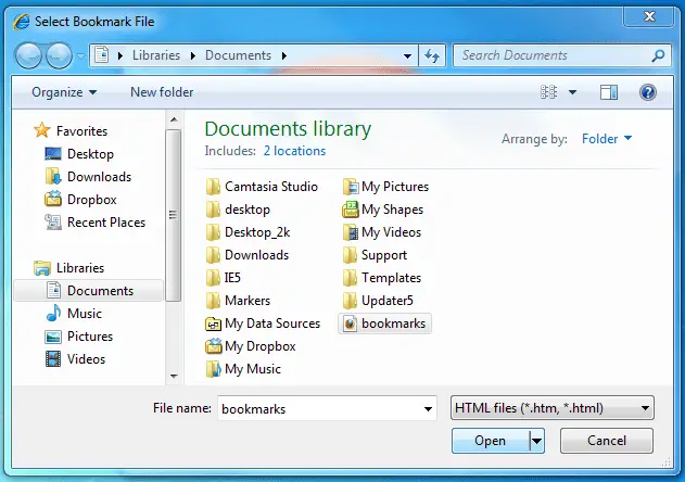 Export Firefox bookmarks in windows library