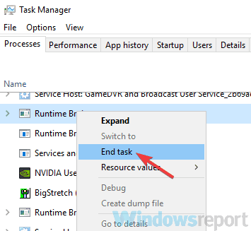 Runtime Broker High CPU end task