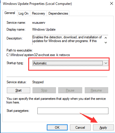 windows update service: automatic set