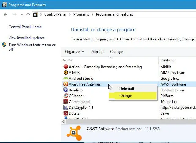 Uninstall Avast SafeZone Browser avast-change-programs